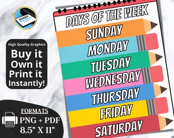 Days of the Week Printable, Clip Chart Classroom, Montessori Education Poster, Homeschool Learning, Classroom Art, INSTANT DOWNLOAD
