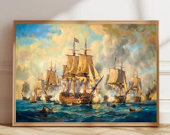 May include: An oil painting depicting a naval battle scene with multiple wooden sailing ships on a turbulent blue sea. The ships feature tall masts, beige sails, and flags under a dramatic, cloudy sky filled with smoke and golden light.