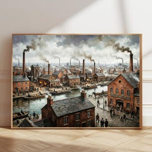 May include: An oil painting depicting a 19th-century industrial town with brick buildings, smoking chimneys, and a canal filled with cargo boats. People in period clothing walk along the cobblestone streets near a building labelled Dudley Iron Works 1848.
