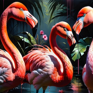 Three Flamingo&#39;s Jungle Canvas Framed Art - Black Pine Tree Frame