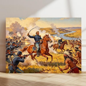 Puede incluir: Una pintura histórica que representa una escena de batalla con soldados a caballo y guerreros nativos americanos. La figura central, un hombre con uniforme azul, empuña una espada sobre un caballo marrón. Humo y un río son visibles en el fondo.