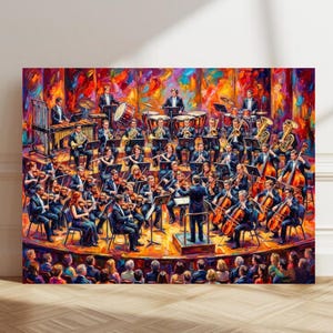 May include: A vibrant oil painting of a full orchestra in performance. Musicians in formal wear play instruments, set against a colourful abstract backdrop. An audience is visible in the foreground, enjoying the concert.