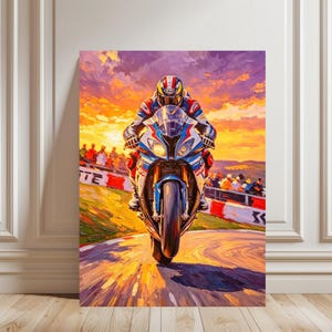 May include: An oil painting of a motorcycle racer performing a wheelie on a sportbike. The rider wears a colorful helmet and racing suit. The scene is set on a track during a vibrant sunset with orange and purple clouds and spectators nearby.