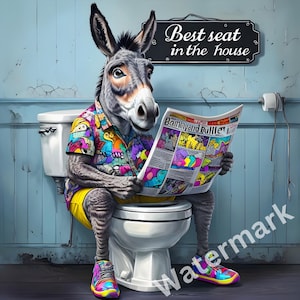 A Donkey&#39;s Unexpected Hobby: Newspaper Reading on Toilet-Donkey  bathroom art-donkey poster prints-bathroom decor-donkey wall art-funny art