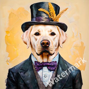 Puede incluir: Un retrato de un Labrador Retriever con un sombrero de copa negro con plumas doradas, un traje negro, una pajarita morada y una camisa blanca con cuello. El fondo es de color amarillo claro texturizado.