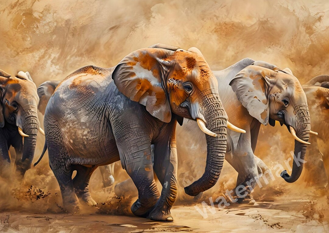 Elephant Herd Canvas Art - African Savanna Sunset Poster - Wildlife ...