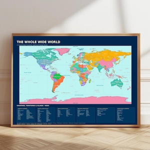 May include: A rectangular wall map titled THE WHOLE WIDE WORLD featuring a light blue ocean background and multicolored landmasses. The bottom section includes a dark blue index of countries, territories, and islands listed by region.