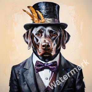 Puede incluir: Una pintura digital de un Labrador Retriever color chocolate con un sombrero de copa negro con plumas, un traje negro y una pajarita morada. El perro tiene ojos marrones y una expresión seria. El fondo es de color beige claro.