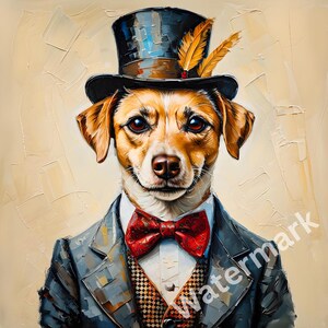 May include: A dog portrait wearing a top hat with feathers, a red bow tie, and a suit. The dog has brown and white fur and is set against a textured, off-white background. The artwork has a vintage, painterly style.