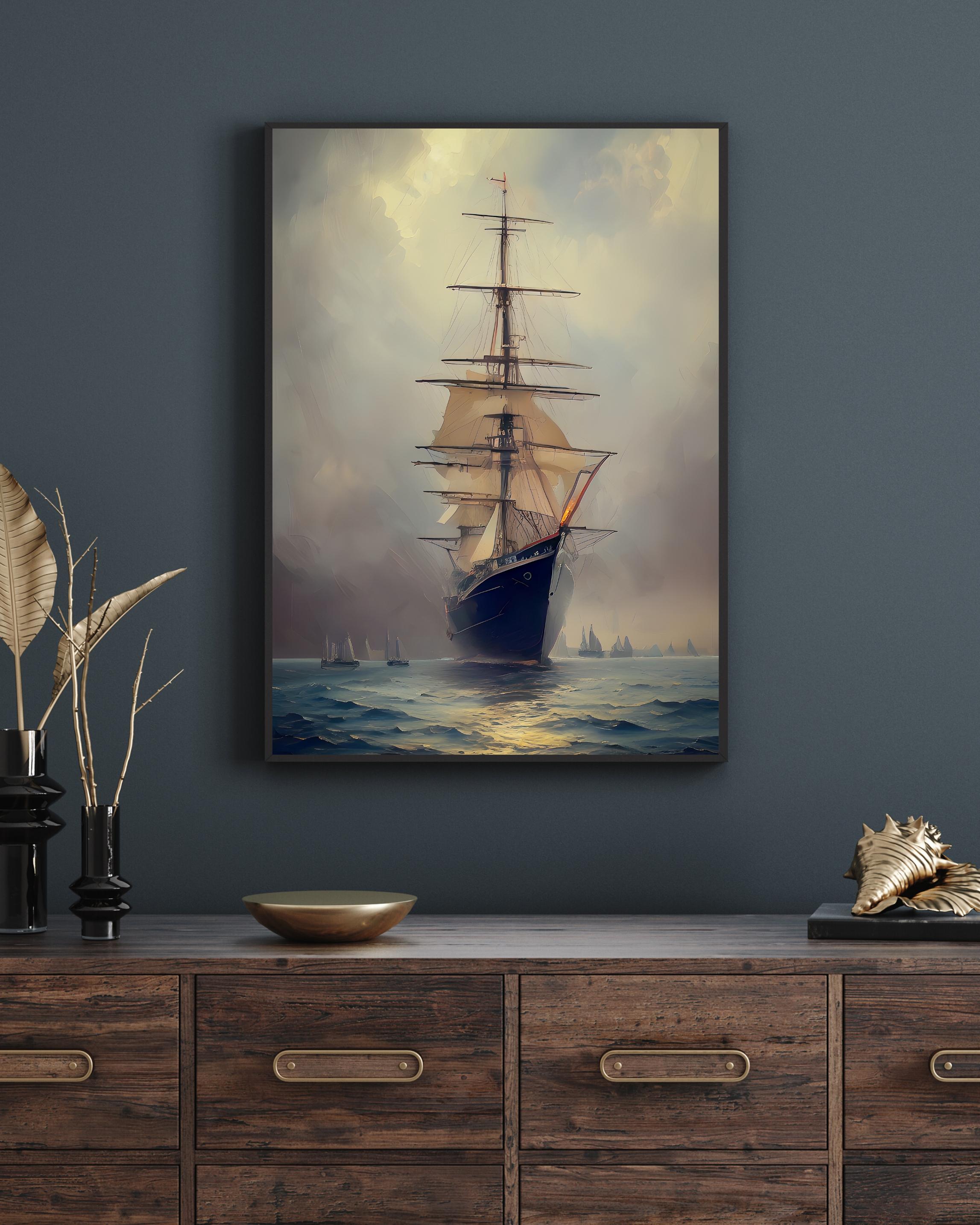 Vintage 19th Century Tall Sailing Ship Poster - Antique Nautical ...