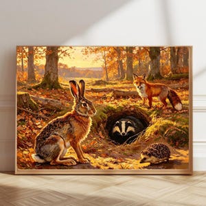 May include: A rectangular wall art print depicting a forest scene in autumn with a brown hare sitting in the foreground, a red fox standing near a burrow, a badger peering from the den entrance, and a small hedgehog on the forest floor.