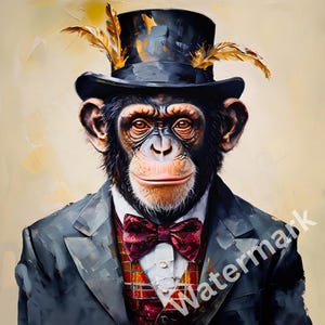 Dapper Chimpanzee in Tuxedo & Top Hat Wall Art | Sophisticated Chimp Portrait Poster Print
