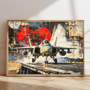 May include: A textured oil painting of a fighter jet on a runway, featuring a large, prominent red heart shape in the background. The artwork uses thick brushstrokes and a palette of grey, white, black, and vibrant red to depict the aircraft.