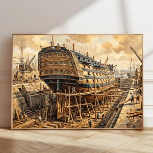 May include: A painting of the HMS Victory ship in a dry dock, featuring a large wooden hull with blue and brown tones, supported by scaffolding. Workers are visible around the ship, with stone walls and a cloudy sky in the background.