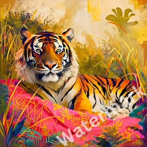 Impresión de arte de pared de tigre, arte de la jungla, tigre durmiendo, decoración del hogar, arte de pared bohemio, arte de pared botánico de tigre vintage, impresiones de animales, arte de regalo de tigre