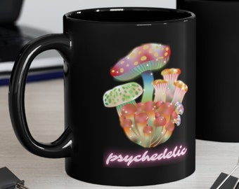 Taza de setas psicodélicas, setas coloridas, taza de café negra brillante, taza de tamaño de 11 oz