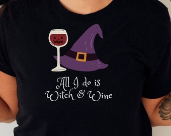 Strega e vino, divertente camicia di Halloween, maglietta grafica di Halloween, maglietta unisex