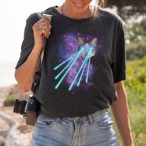 Unisex Space Cat Shirt, Laser Eyes, Galaxy Swirl, Space Graphic Tee, Animal Lover Apparel, Cat Lover Tee, Funny T-shirt, Unisex
