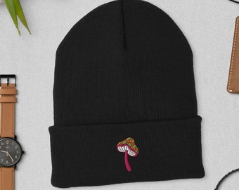 Embroidered Mushroom Beanie, Cuffed Beanie, Mushroom Christmas Gift, Psychedelic Mushroom, Unisex Sock Hat