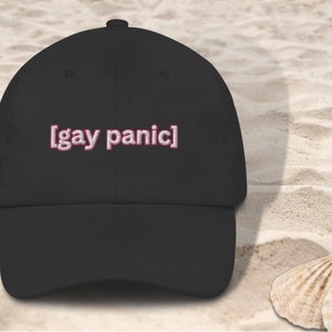 May include: Black baseball cap with white embroidered text that reads "[gay panic]" in pink.