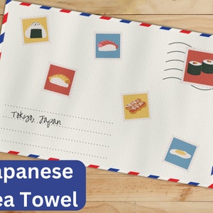 Toalha de chá com letras do Japão Tóquio, com selos, tema de comida, toalha de cozinha Kawaii, pano de prato durável