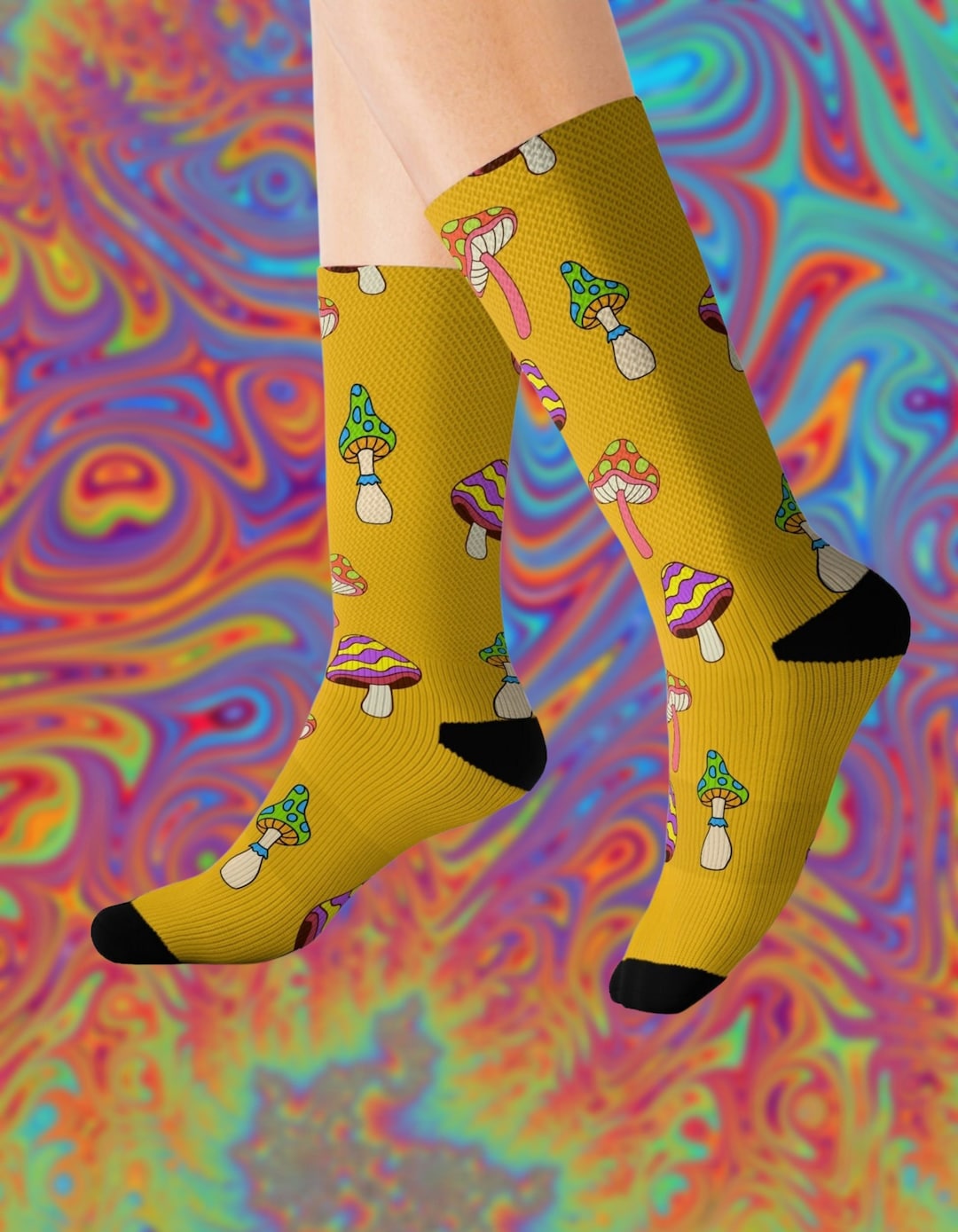 Retro Mushroom Socks, Groovy Psychedelic Shrooms, Unisex Vintage Style