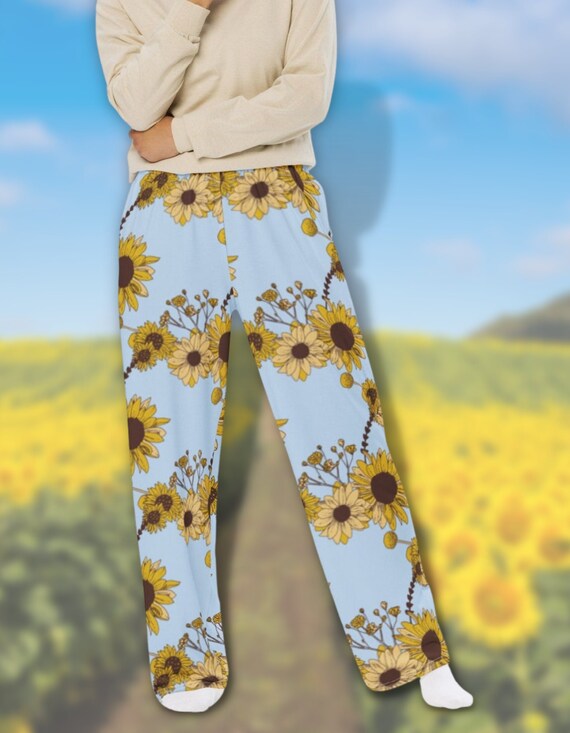 Sunflower Pattern Pants, Cozy Boho, Vintage Style, Wide Leg, and