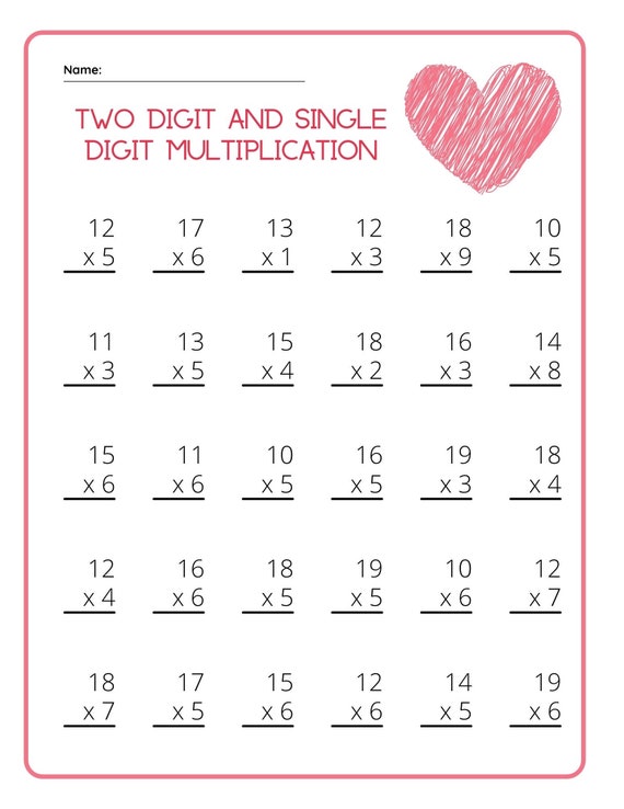 valentine s two digit x one digit multiplication worksheet etsy