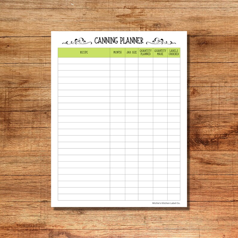 May include: A printable canning planner with columns for recipe, month, jar size, quantity planned, quantity made, and labels ordered. The planner has a green header and a white background.