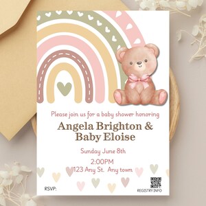 Faire-part imprimé ours en peluche rose - personnalisé avec personnalisation et code QR