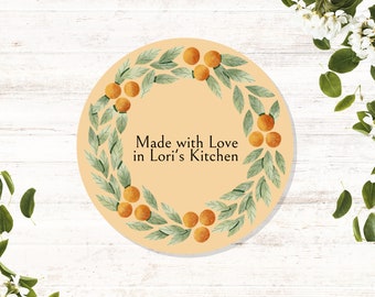 Made with Love - Orange Wreath - Stickers. Personalized labels for jam, canning jars, gift tags, cookies and more