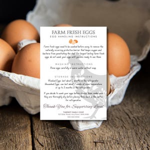 Tarjeta de instrucciones para el manejo de huevos: impresa y personalizada con su información de contacto para Farm Fresh Eggs