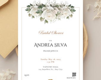 White Rose Printed Invitation -  Customized with personalization and QR code
