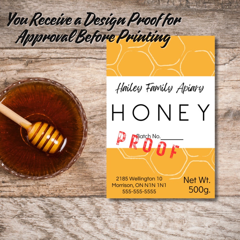 Honey Labels with yellow background and honeycomb image. Black lettering on a white background. Shown on honey jars.