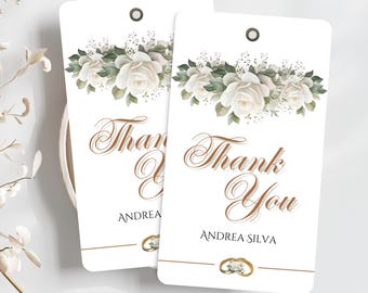 White Floral Printed Thank You Favour Tags - Personalized wording and metal eyelet hole.
