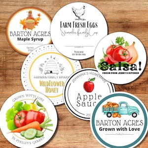 May include: Six round labels with different designs. The labels are for various food products, including maple syrup, honey, salsa, apple sauce, and eggs. The labels feature illustrations of bees, tomatoes, apples, and a truck.