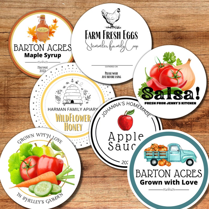 May include: Six round labels with different designs. The labels are for various food products, including maple syrup, honey, salsa, apple sauce, and eggs. The labels feature illustrations of bees, tomatoes, apples, and a truck.