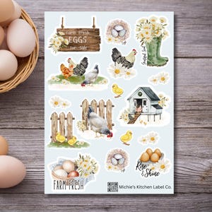 Hoja de pegatinas de huevos frescos de granja (vinilo impermeable, calcomanías permanentes) para celebrar las gallinas, la cría de gallinas y el desayuno en libertad.