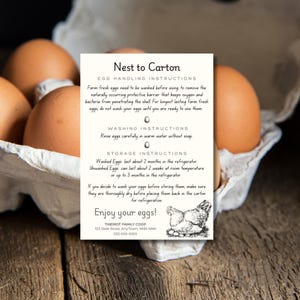 Tarjeta de instrucciones para el manejo de huevos: impresa y personalizada con su información de contacto para Farm Fresh Eggs