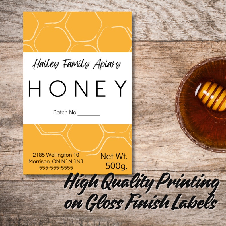 Honey Labels with yellow background and honeycomb image. Black lettering on a white background.
