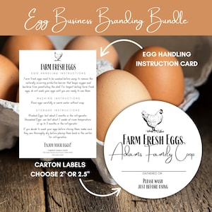 Paquete de etiquetado y marca para cartones de huevos: tarjeta con instrucciones de manipulación de huevos impresas y personalizadas, y etiqueta adhesiva personalizada para cartones de huevos.