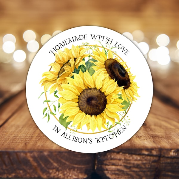 Homemade with Love - Sunflower design. Kitchen Stickers, Personalized labels for jam, pickles, canning, baked goods and other kitchen treats