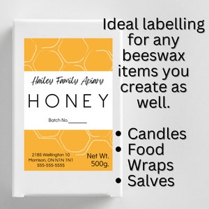 Honey Labels with yellow background and honeycomb image. Black lettering on a white background.