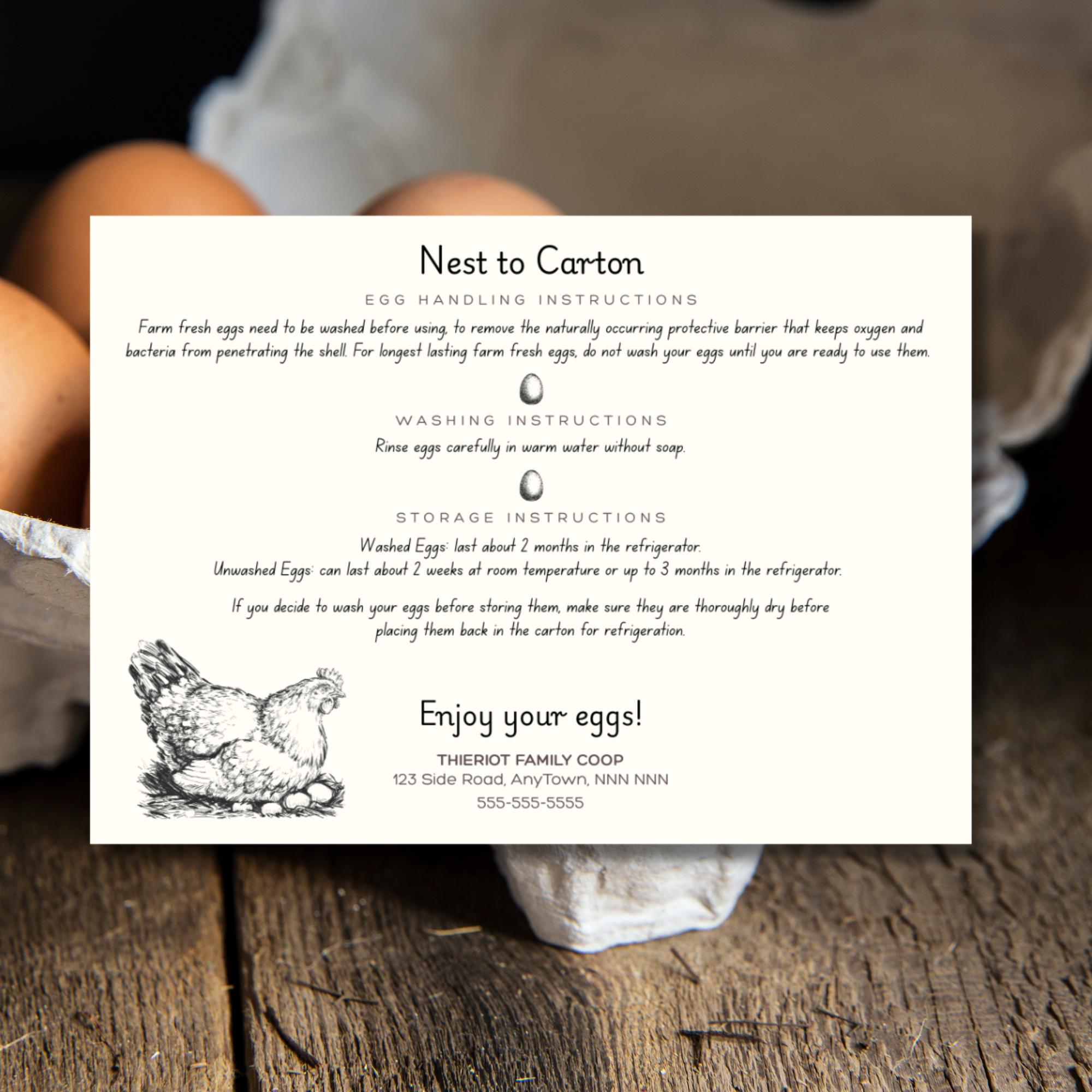 Egg Handling Instructions Card - Printed, customized with your contact information for Farm Fresh Eggs