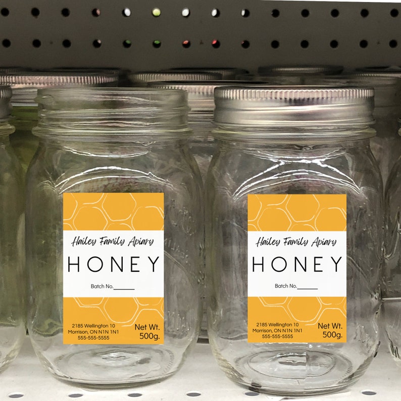 Honey Labels with yellow background and honeycomb image. Black lettering on a white background. Shown on mason jars.