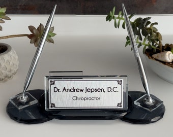 Personalized Oval Nameplate with Business Card Holder Silver, Pen Holder, and Quartz Clock | Handmade Silver Desk Nameplate with Logo