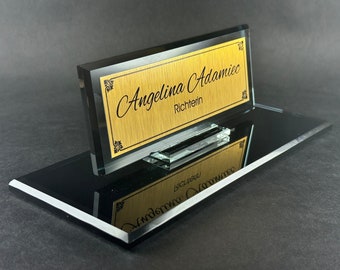 Desk Name Plaque Black Glass, Personalized Desk Name Plate, Custom Desk Nameplate For Doctors, Custom Nameplate For Attorney At Law