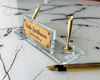 Clear Glass Desk Name Plate and Signature Pen Set Gold, Custom Desk Name Plate Classic Style, Personalized Desk Name Plaque Clear Glass Base