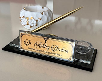Doctor Desk Name Plate With Bowl and Sign Pen, Custom Desk Nameplate With Bowl, Custom Office Nameplate Glass, Doctor Gift, New Job Gift