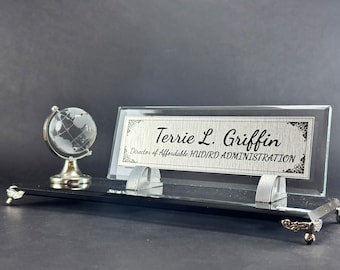 Personalized Desk Name Plate with Logo in Crystal Globe Style, Personalized Doctor Name Tag with Crystal Globe Layout, Silver Name Plate